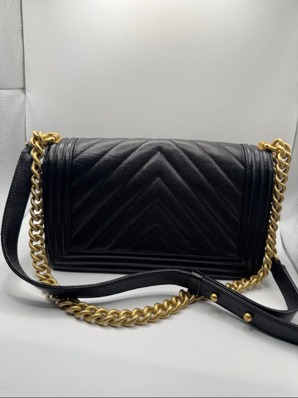 CHANEL Black Chevron Quilted Boy Small Shoulder Bag with Gold Hardware